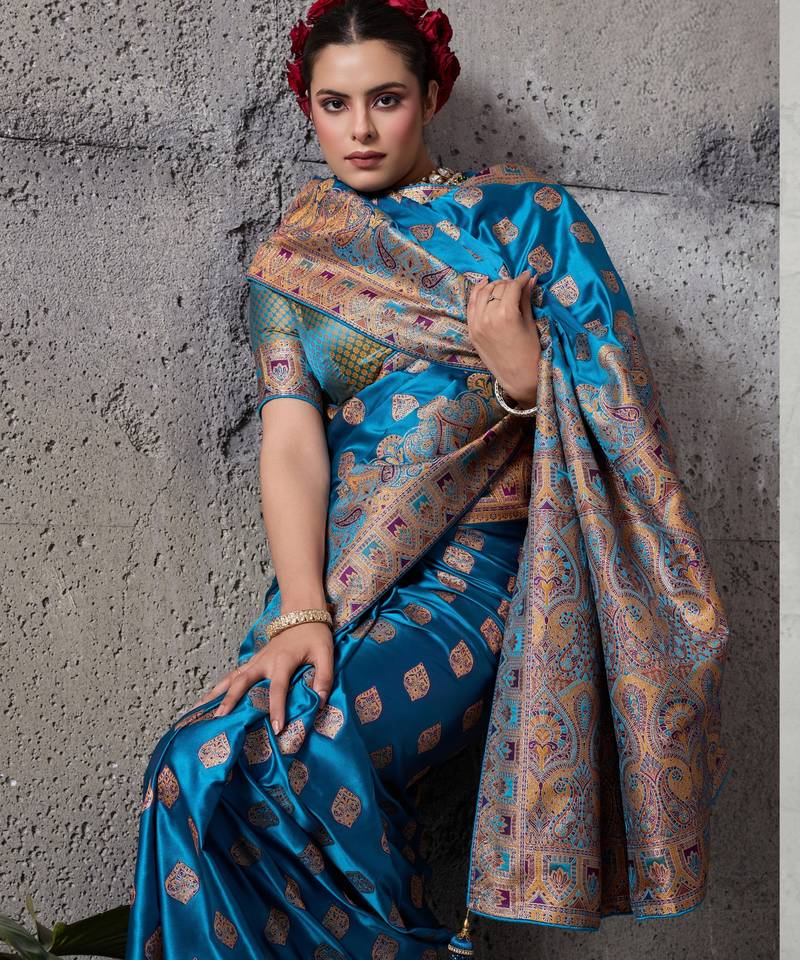 teal luxury makhmal satin silk saree with authentic meenakari work & rich pallu – mirraw