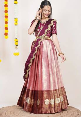 Beautiful South Indian Style Semi-Stitched Half Saree with Embroidered Blouse and Rangoli Dupatta for Women 4