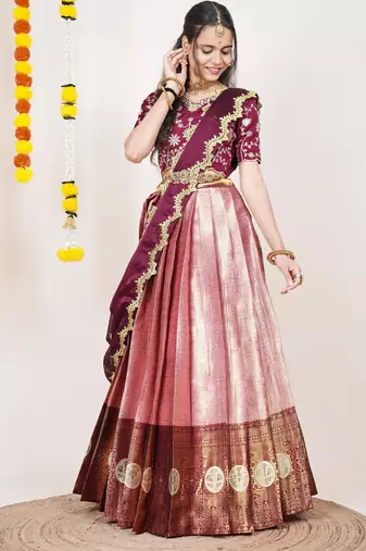 Beautiful South Indian Style Semi-Stitched Half Saree with Embroidered Blouse and Rangoli Dupatta for Women