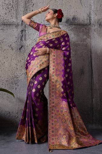 purple luxury makhmal satin silk saree with authentic meenakari work & rich pallu – mirraw