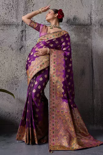 purple luxury makhmal satin silk saree with authentic meenakari work & rich pallu     mirraw