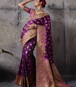 purple luxury makhmal satin silk saree with authentic meenakari work & rich pallu – mirraw