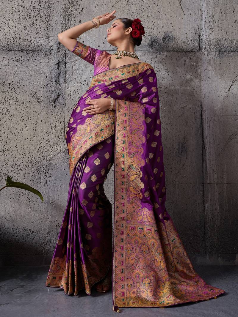purple luxury makhmal satin silk saree with authentic meenakari work & rich pallu – mirraw