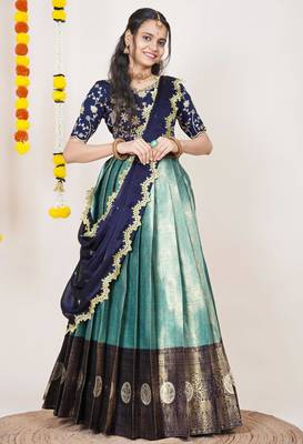 Beautiful South Indian Style Semi-Stitched Half Saree with Embroidered Blouse and Rangoli Dupatta for Women 1