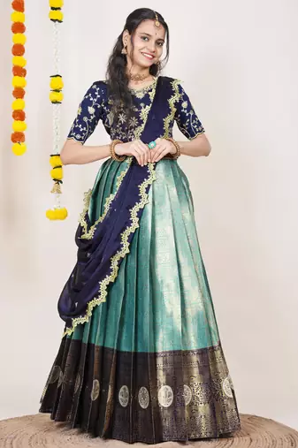 Beautiful South Indian Style Semi-Stitched Half Saree with Embroidered Blouse and Rangoli Dupatta for Women
