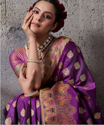 purple luxury makhmal satin silk blend saree with authentic meenakari work & rich pallu  mirraw 2