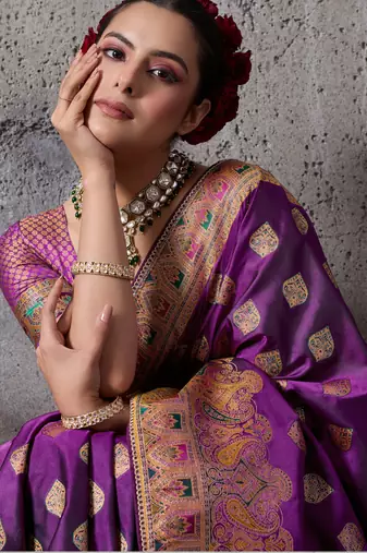 purple luxury makhmal satin silk blend saree with authentic meenakari work & rich pallu  mirraw