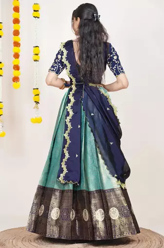 Beautiful South Indian Style Semi-Stitched Half Saree with Embroidered Blouse and Rangoli Dupatta for Women