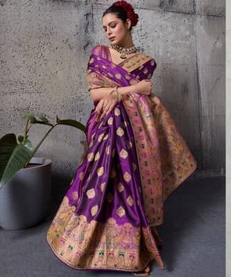 purple luxury makhmal satin silk blend saree with authentic meenakari work & rich pallu  mirraw 3