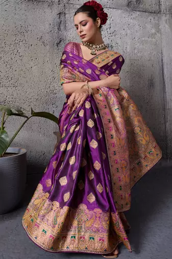 purple luxury makhmal satin silk blend saree with authentic meenakari work & rich pallu  mirraw