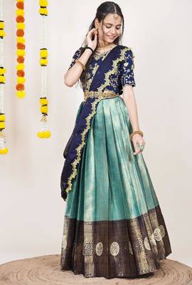 Beautiful South Indian Style Semi-Stitched Half Saree with Embroidered Blouse and Rangoli Dupatta for Women 3