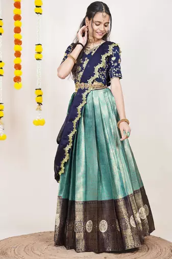 Beautiful South Indian Style Semi-Stitched Half Saree with Embroidered Blouse and Rangoli Dupatta for Women