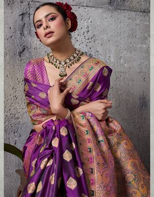 purple luxury makhmal satin silk blend saree with authentic meenakari work & rich pallu  mirraw 4