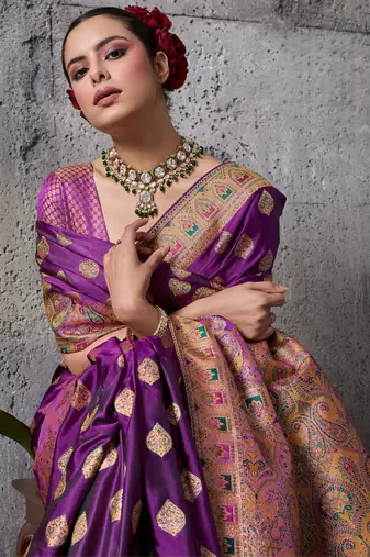 purple luxury makhmal satin silk blend saree with authentic meenakari work & rich pallu  mirraw