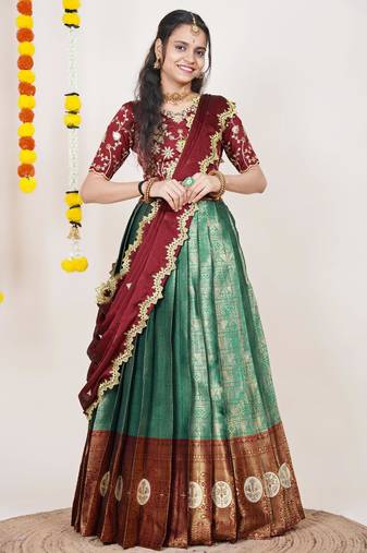 Beautiful South Indian Style Semi-Stitched Half Saree with Embroidered Blouse and Rangoli Dupatta for Women