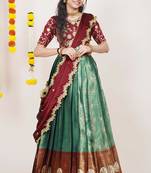 Beautiful South Indian Style Semi-Stitched Half Saree with Embroidered Blouse and Rangoli Dupatta for Women