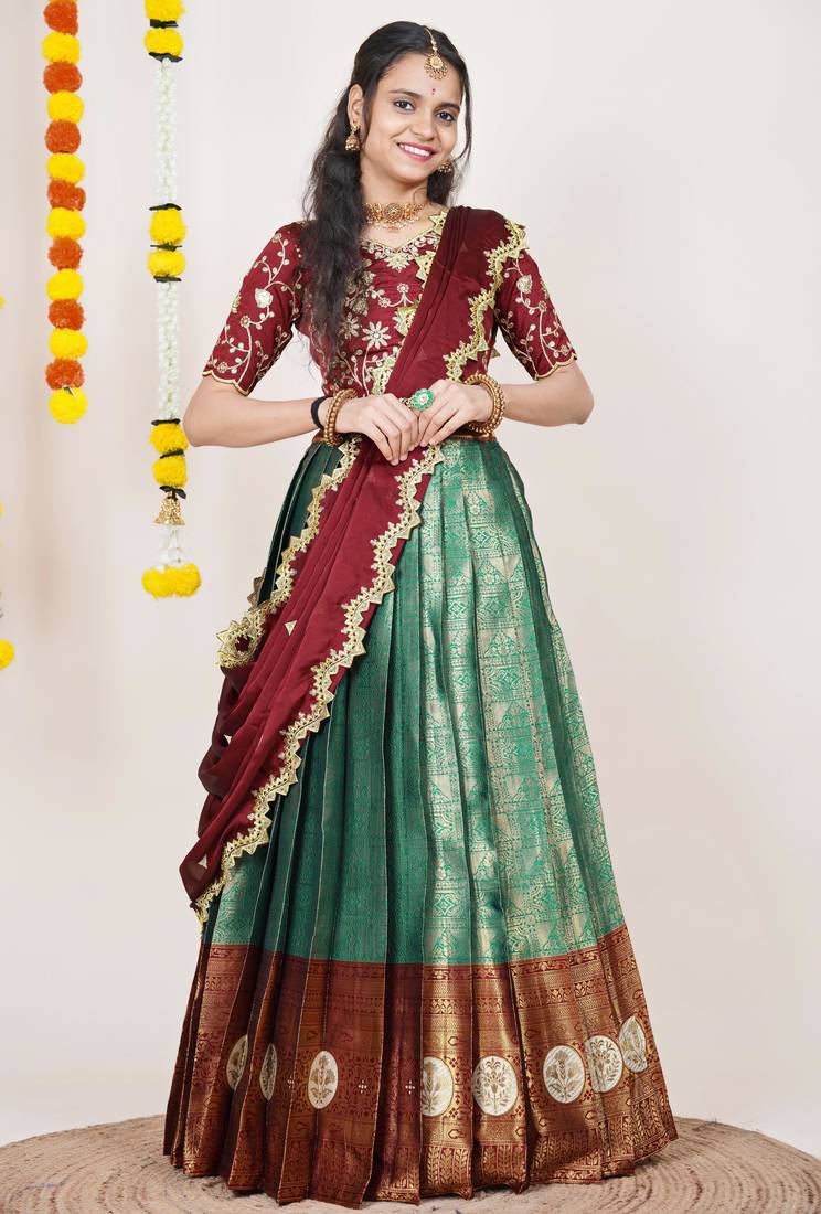 Beautiful South Indian Style Semi-Stitched Half Saree with Embroidered Blouse and Rangoli Dupatta for Women