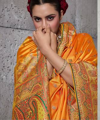 orange luxury makhmal satin silk blend saree with authentic meenakari work & rich pallu  mirraw 2