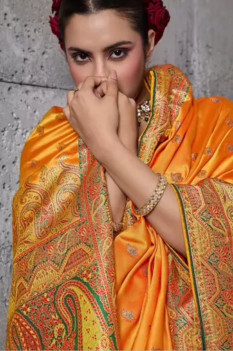 orange luxury makhmal satin silk blend saree with authentic meenakari work & rich pallu  mirraw