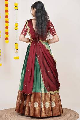 Beautiful South Indian Style Semi-Stitched Half Saree with Embroidered Blouse and Rangoli Dupatta for Women 2