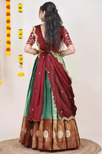 Beautiful South Indian Style Semi-Stitched Half Saree with Embroidered Blouse and Rangoli Dupatta for Women