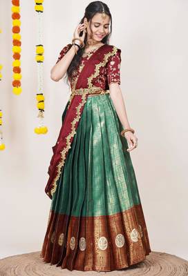 Beautiful South Indian Style Semi-Stitched Half Saree with Embroidered Blouse and Rangoli Dupatta for Women 3