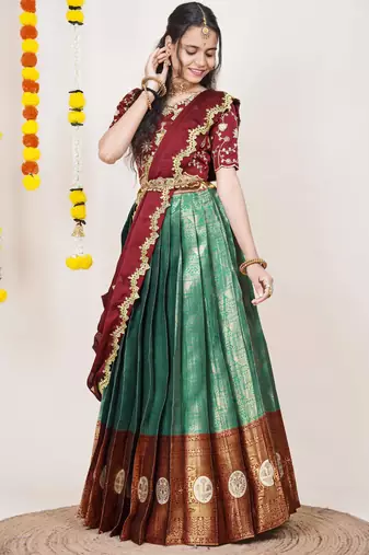 Beautiful South Indian Style Semi-Stitched Half Saree with Embroidered Blouse and Rangoli Dupatta for Women
