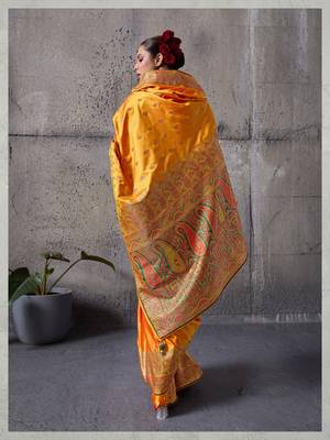 orange luxury makhmal satin silk blend saree with authentic meenakari work & rich pallu  mirraw 3