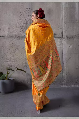 orange luxury makhmal satin silk blend saree with authentic meenakari work & rich pallu  mirraw