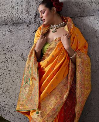 orange luxury makhmal satin silk blend saree with authentic meenakari work & rich pallu  mirraw 4