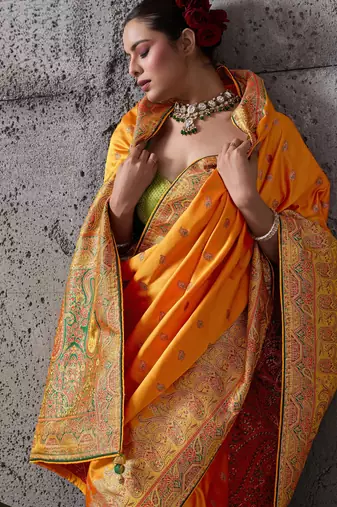 orange luxury makhmal satin silk blend saree with authentic meenakari work & rich pallu  mirraw