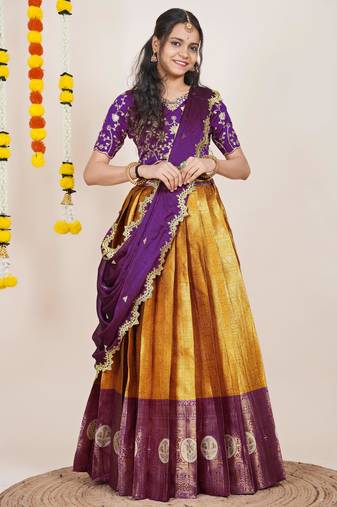 Beautiful South Indian Style Semi-Stitched Half Saree with Embroidered Blouse and Rangoli Dupatta for Women