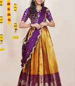 Beautiful South Indian Style Semi-Stitched Half Saree with Embroidered Blouse and Rangoli Dupatta for Women
