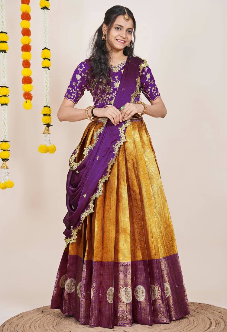 Beautiful South Indian Style Semi-Stitched Half Saree with Embroidered Blouse and Rangoli Dupatta for Women