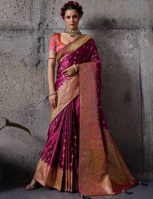 rani pink luxury makhmal satin silk blend saree with authentic meenakari work & rich pallu  mirraw 1