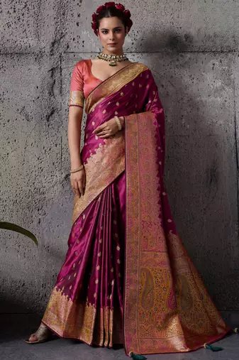 rani pink luxury makhmal satin silk saree with authentic meenakari work & rich pallu     mirraw