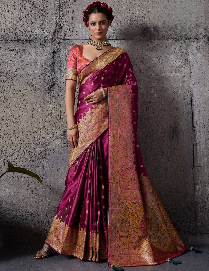 rani pink luxury makhmal satin silk saree with authentic meenakari work & rich pallu – mirraw