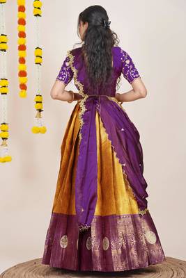 Beautiful South Indian Style Semi-Stitched Half Saree with Embroidered Blouse and Rangoli Dupatta for Women 2