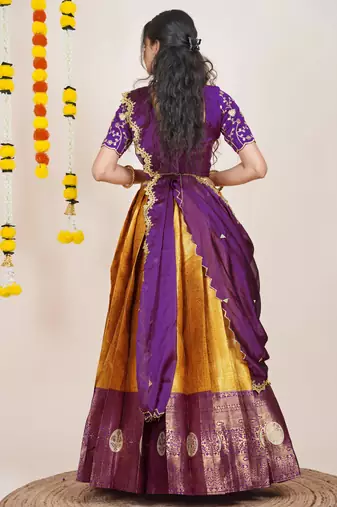 Beautiful South Indian Style Semi-Stitched Half Saree with Embroidered Blouse and Rangoli Dupatta for Women