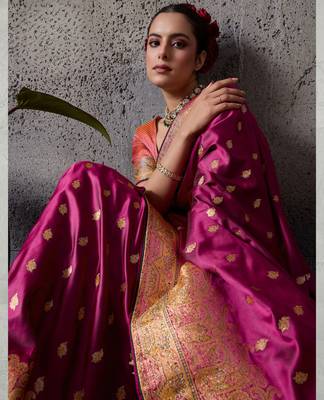 rani pink luxury makhmal satin silk blend saree with authentic meenakari work & rich pallu  mirraw 2