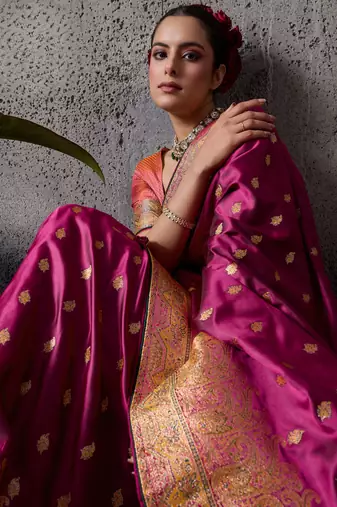 rani pink luxury makhmal satin silk blend saree with authentic meenakari work & rich pallu  mirraw