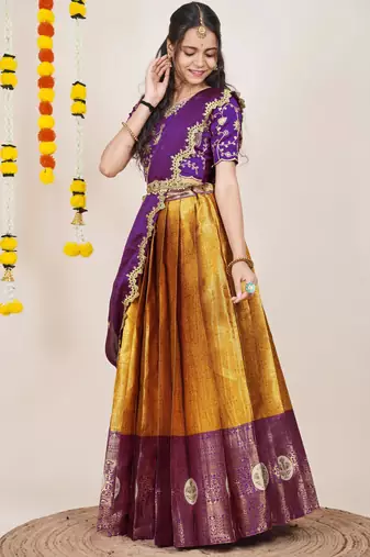 Beautiful South Indian Style Semi-Stitched Half Saree with Embroidered Blouse and Rangoli Dupatta for Women