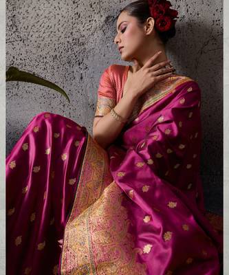 rani pink luxury makhmal satin silk blend saree with authentic meenakari work & rich pallu  mirraw 3