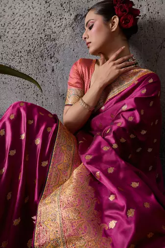 rani pink luxury makhmal satin silk blend saree with authentic meenakari work & rich pallu  mirraw