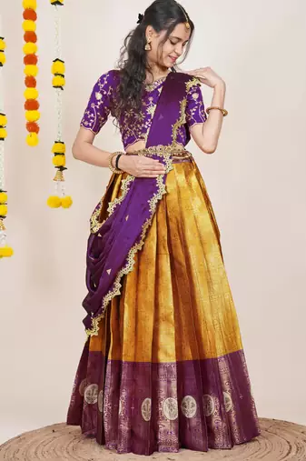 Beautiful South Indian Style Semi-Stitched Half Saree with Embroidered Blouse and Rangoli Dupatta for Women