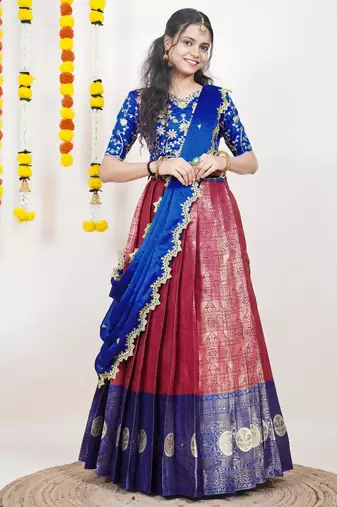 Beautiful South Indian Style Semi-Stitched Half Saree with Embroidered Blouse and Rangoli Dupatta for Women
