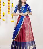 Beautiful South Indian Style Semi-Stitched Half Saree with Embroidered Blouse and Rangoli Dupatta for Women