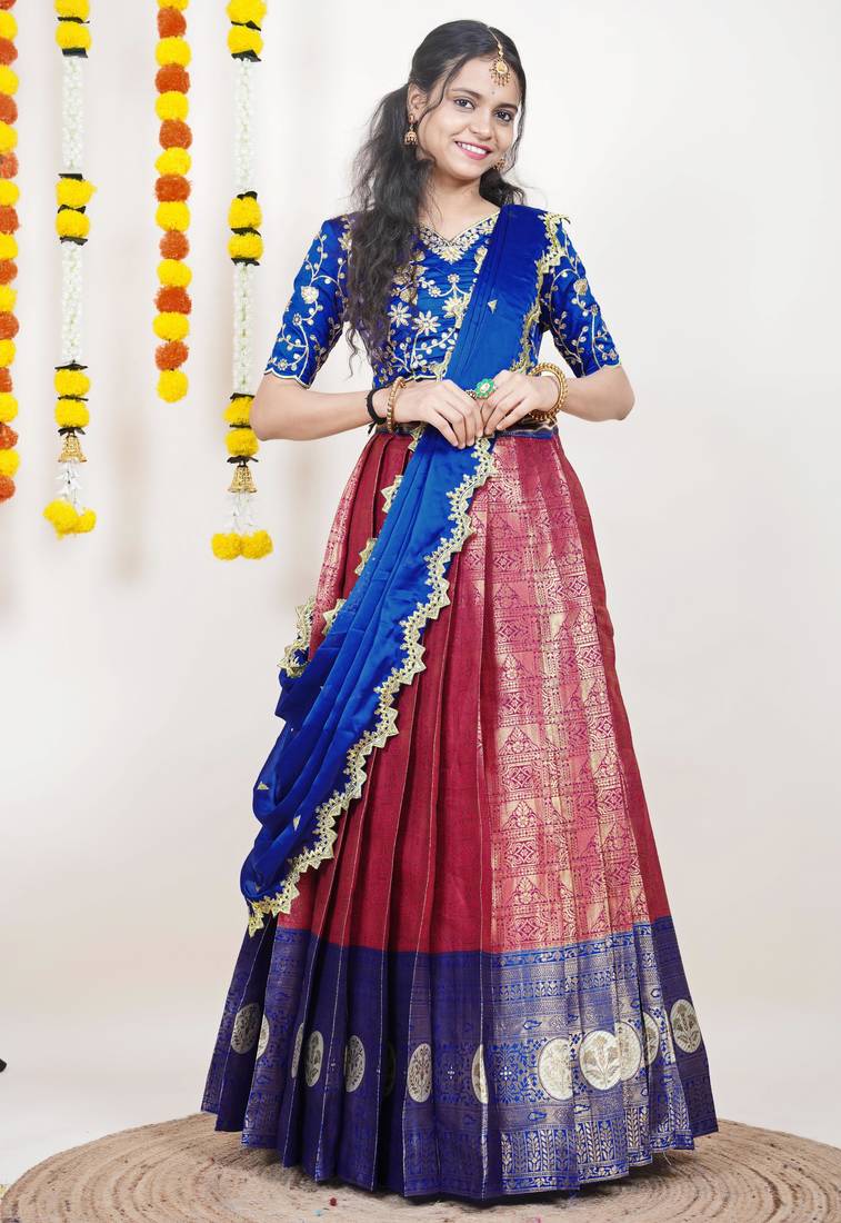 Beautiful South Indian Style Semi-Stitched Half Saree with Embroidered Blouse and Rangoli Dupatta for Women