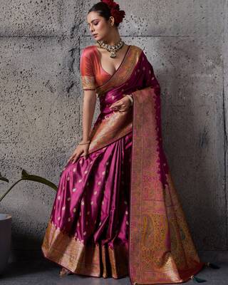 rani pink luxury makhmal satin silk blend saree with authentic meenakari work & rich pallu  mirraw 4