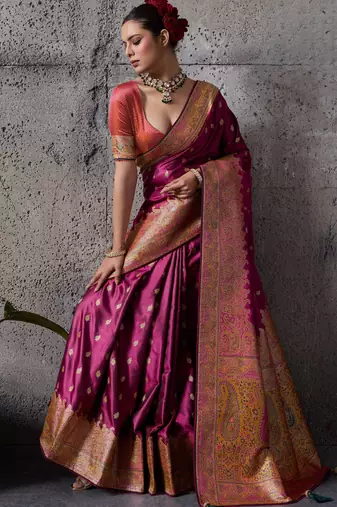 rani pink luxury makhmal satin silk blend saree with authentic meenakari work & rich pallu  mirraw